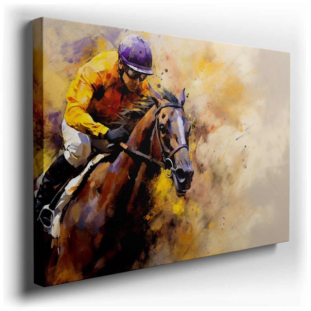canvas print on wrapped canvas for wall decor – This wall art captures the essence of a racehorse in full stride, a moment frozen in time that exudes the sheer energy a...