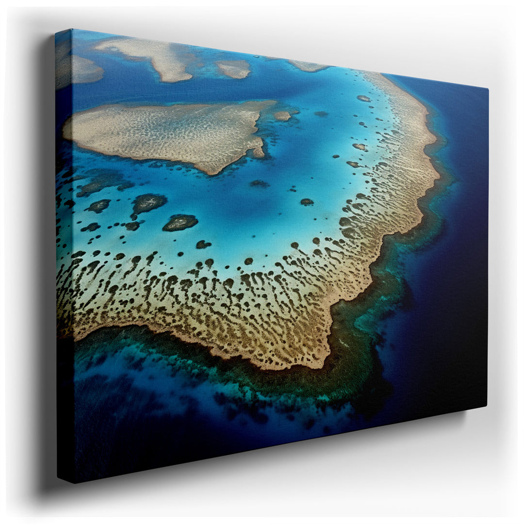 canvas print on wrapped canvas for wall decor – This wall art, an exquisite aerial depiction of a coral atoll cradled by the deep blue of the surrounding ocean, is a ma...