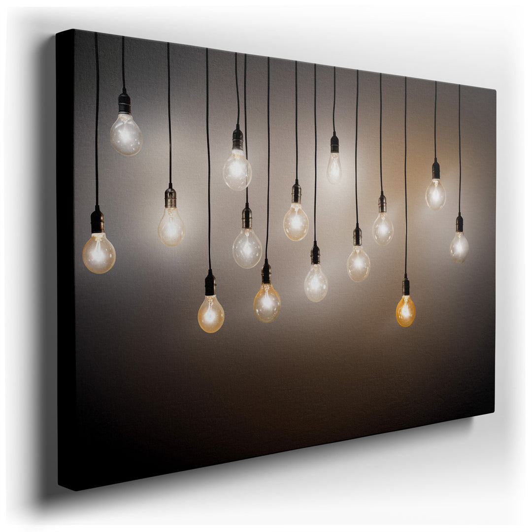 canvas print on wrapped canvas for wall decor – This enchanting wall art captures a mesmerizing array of hanging light bulbs, each with its own unique shape and design,...