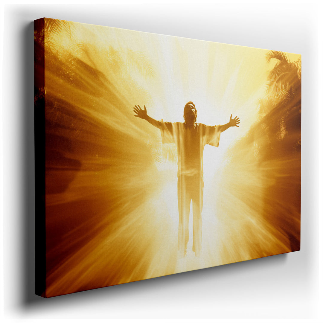 canvas print on wrapped canvas for wall decor – This captivating wall art portrays an illuminated figure, standing in a commanding pose that exudes strength and serenit...