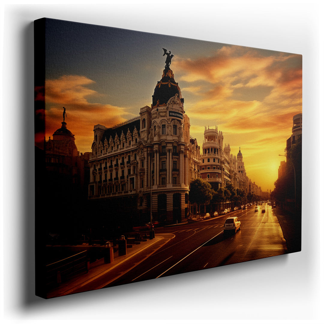 canvas print on wrapped canvas for wall decor – This exquisite wall art masterfully captures a vibrant sunset casting its golden glow over a grand historic building, ne...