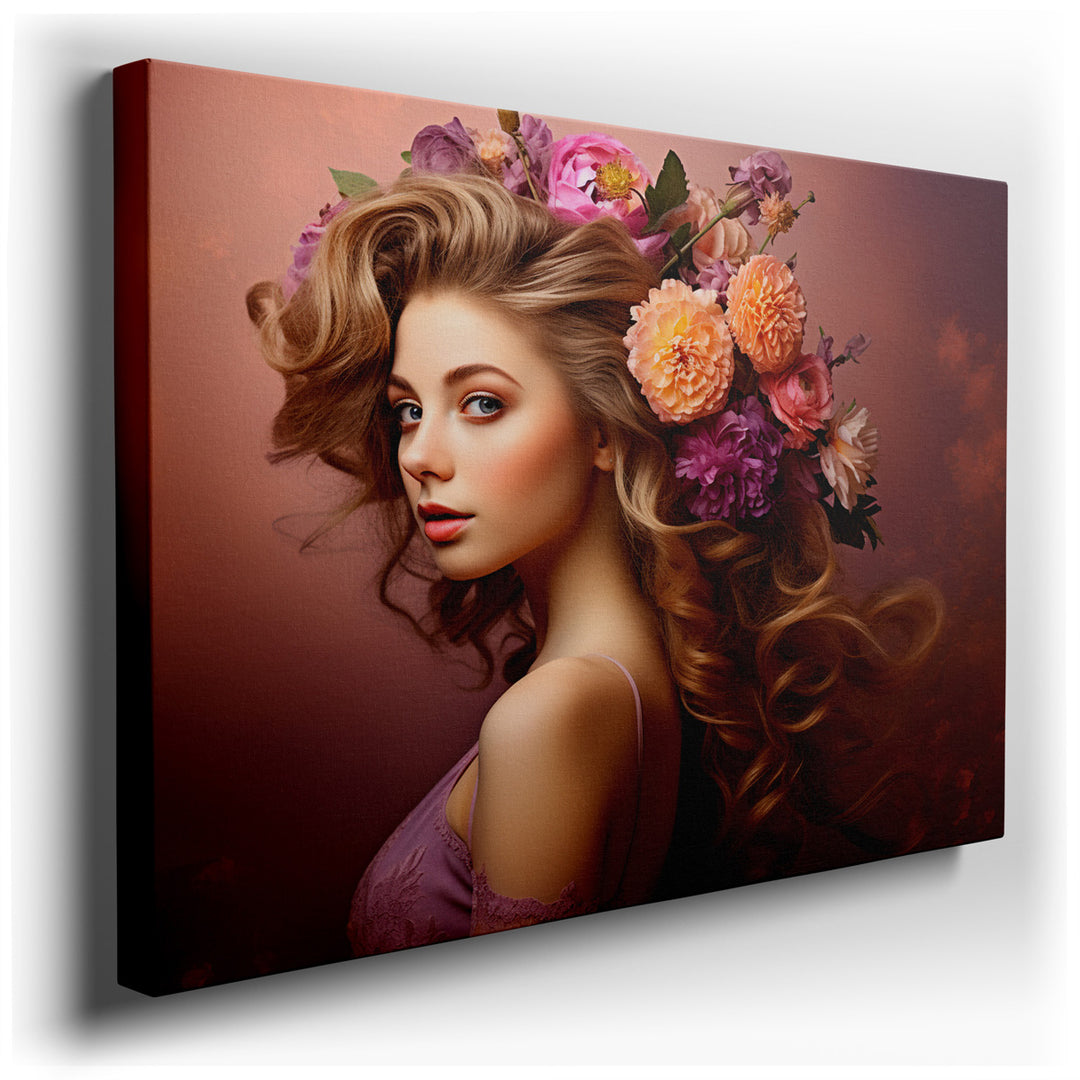 canvas print on wrapped canvas for wall decor – This exquisite wall art captures the essence of a young woman, her voluminous hair cascading around her shoulders, inter...