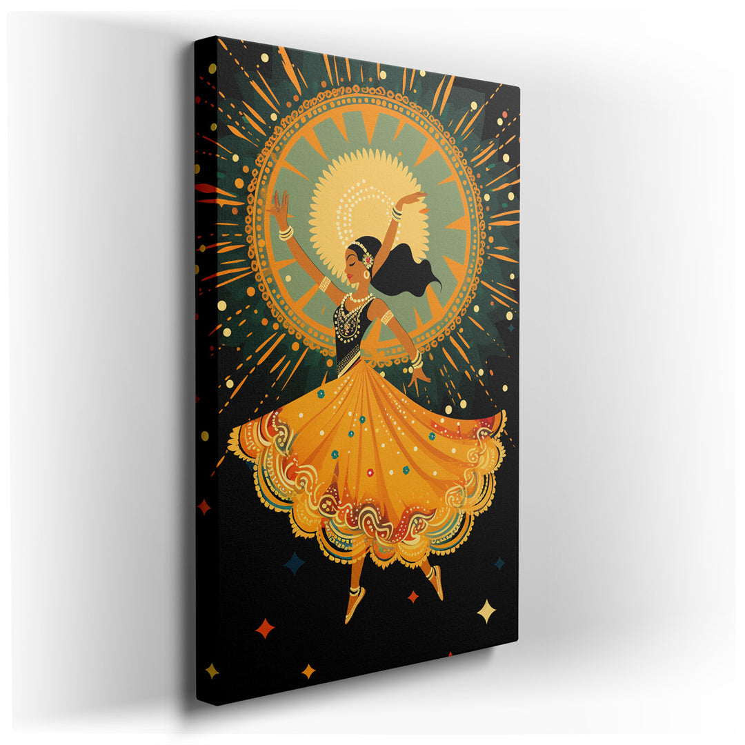 canvas print on wrapped canvas for wall decor – This wall art captures the essence of celebration and cultural vibrancy through the dynamic figure of a dancer clad in a...