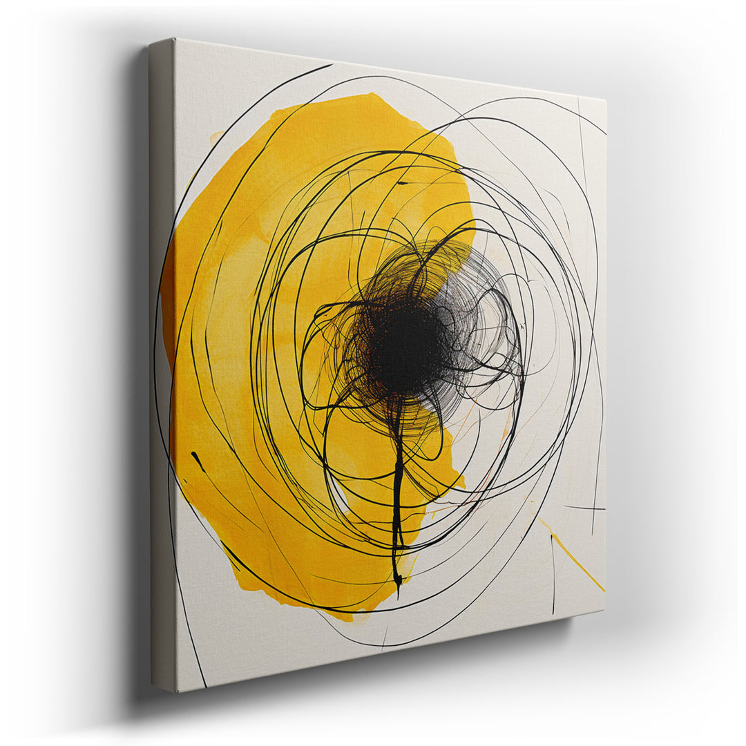 canvas print on wrapped canvas for wall decor – This wall art, a mesmerizing composition of black spirals unfurling from a dense, shadowy nucleus against a luminous yel...