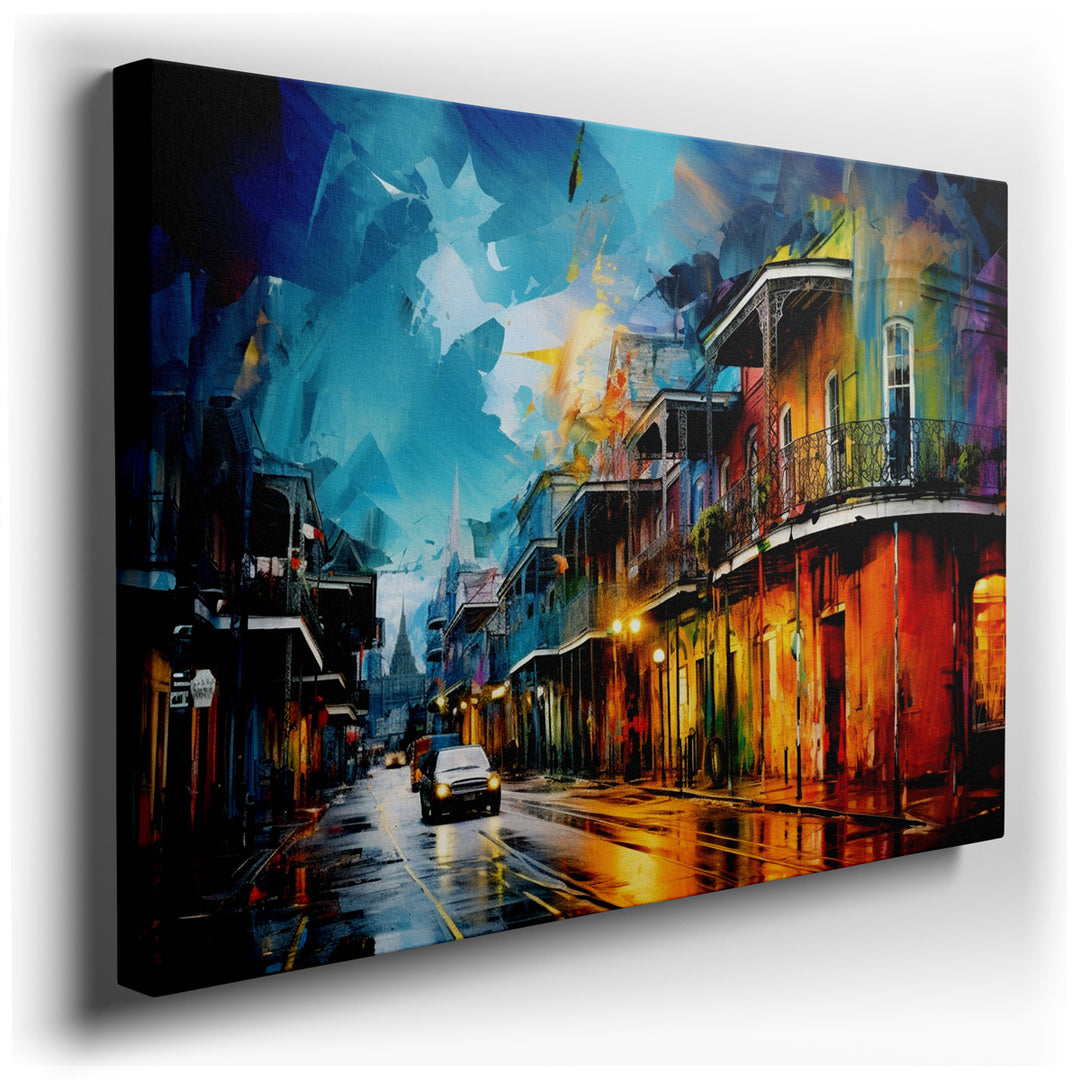 canvas print on wrapped canvas for wall decor – This wall art is a captivating portrayal of an urban landscape transformed by rainfall, where the essence of a vibrant c...