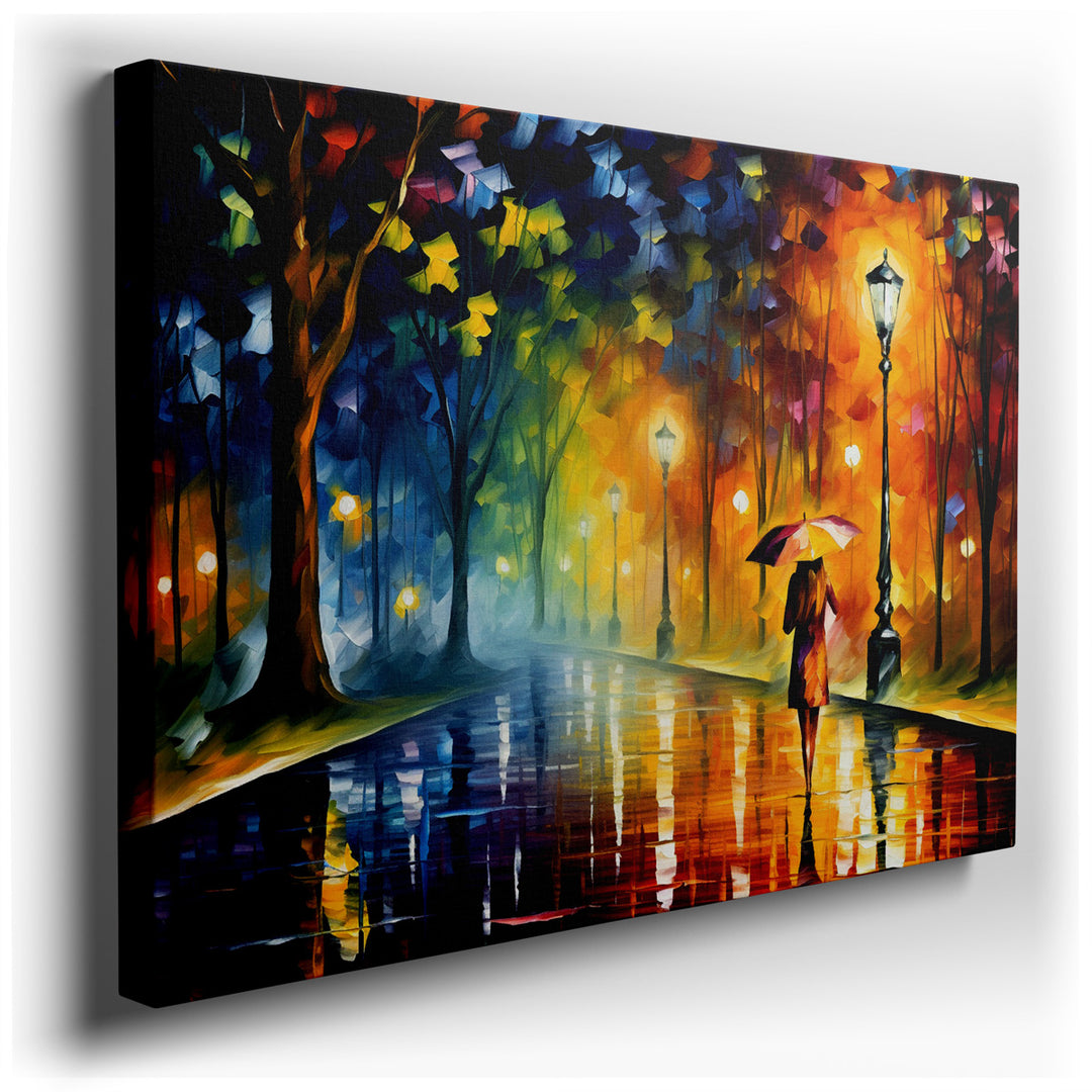 canvas print on wrapped canvas for wall decor – This enchanting wall art vividly portrays a rainy urban evening, where the glow of street lamps casts a magical light on...