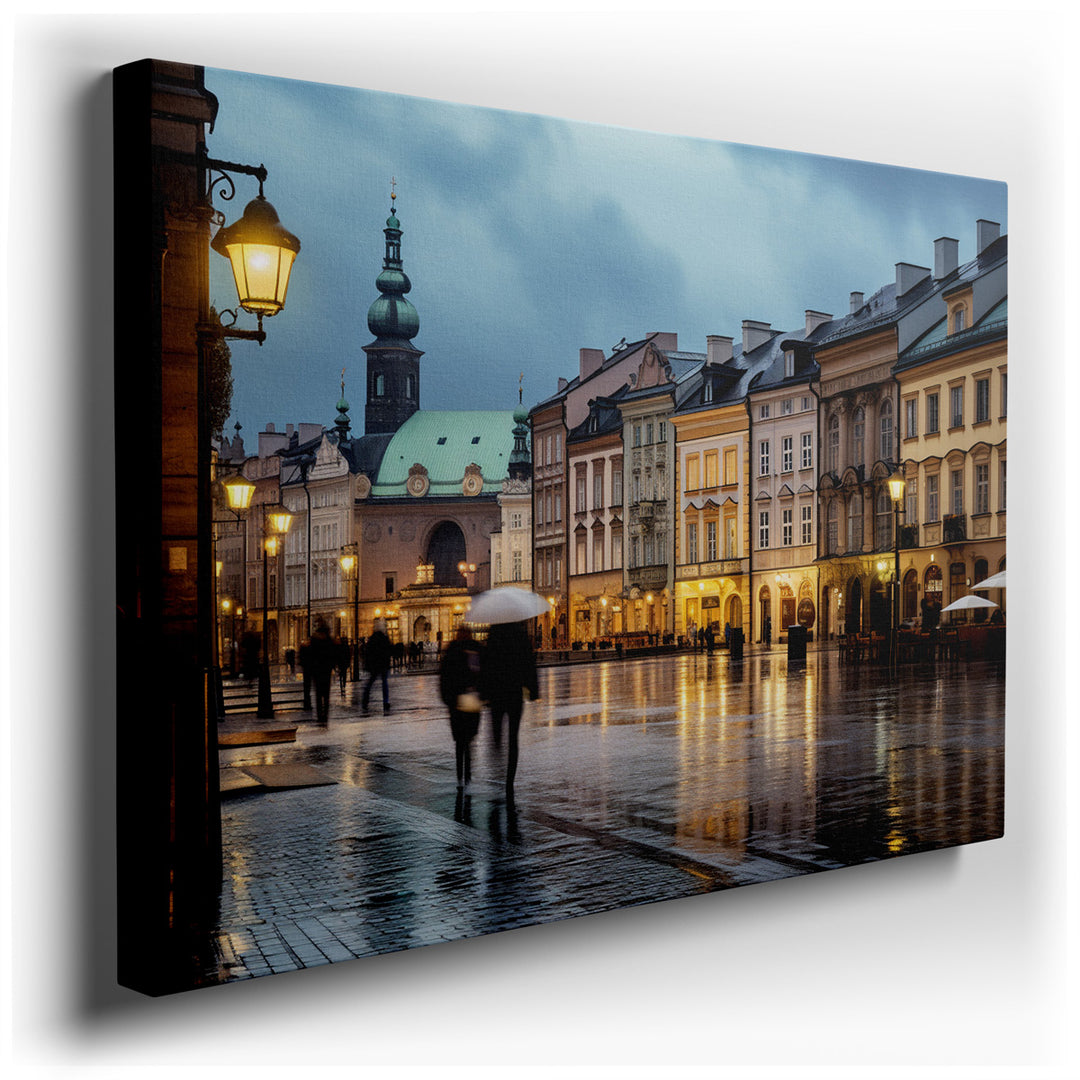 canvas print on wrapped canvas for wall decor – This wall art captures a mesmerizing rainy street scene, where the essence of human experience and urban beauty converge...