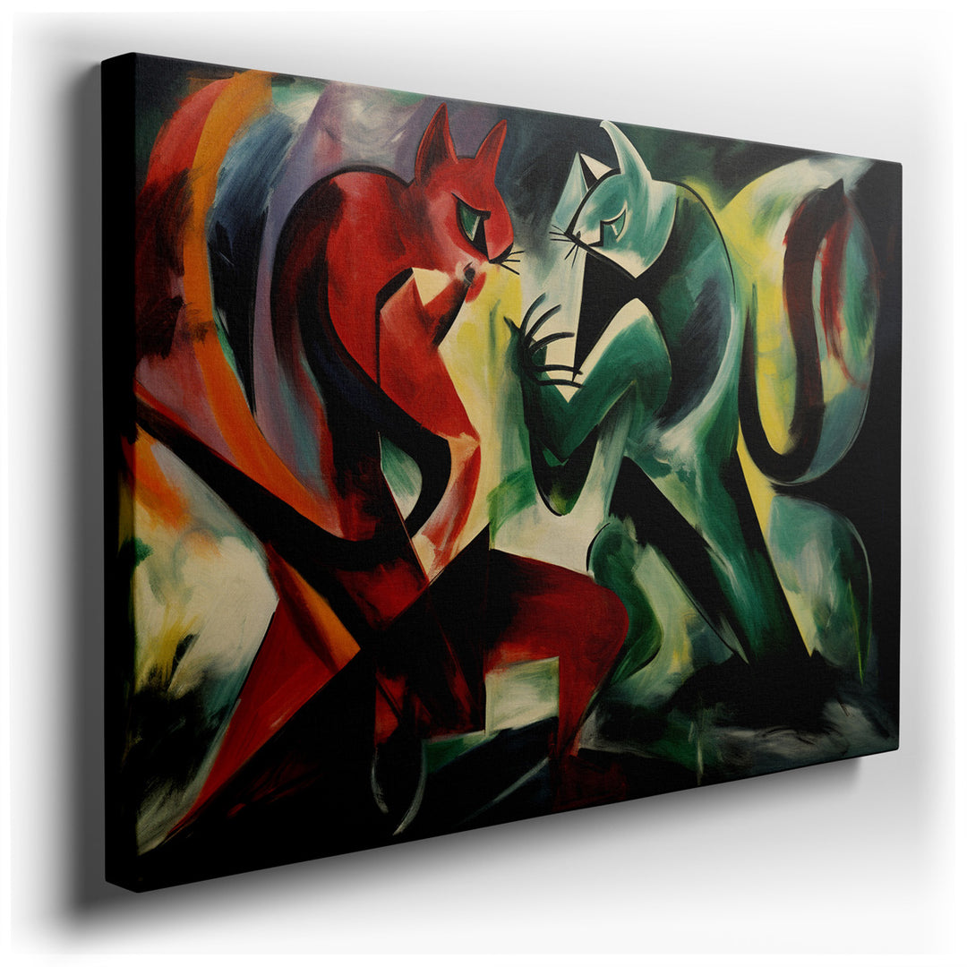 canvas print on wrapped canvas for wall decor – This wall art, a striking abstract representation of two feline figures embroiled in a fierce confrontation, is a master...