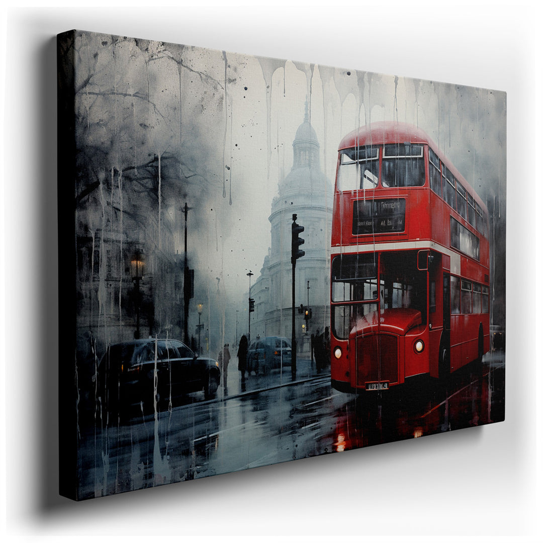 canvas print on wrapped canvas for wall decor – This evocative wall art captures a quintessential scene from the heart of London, featuring a classic red double-decker...