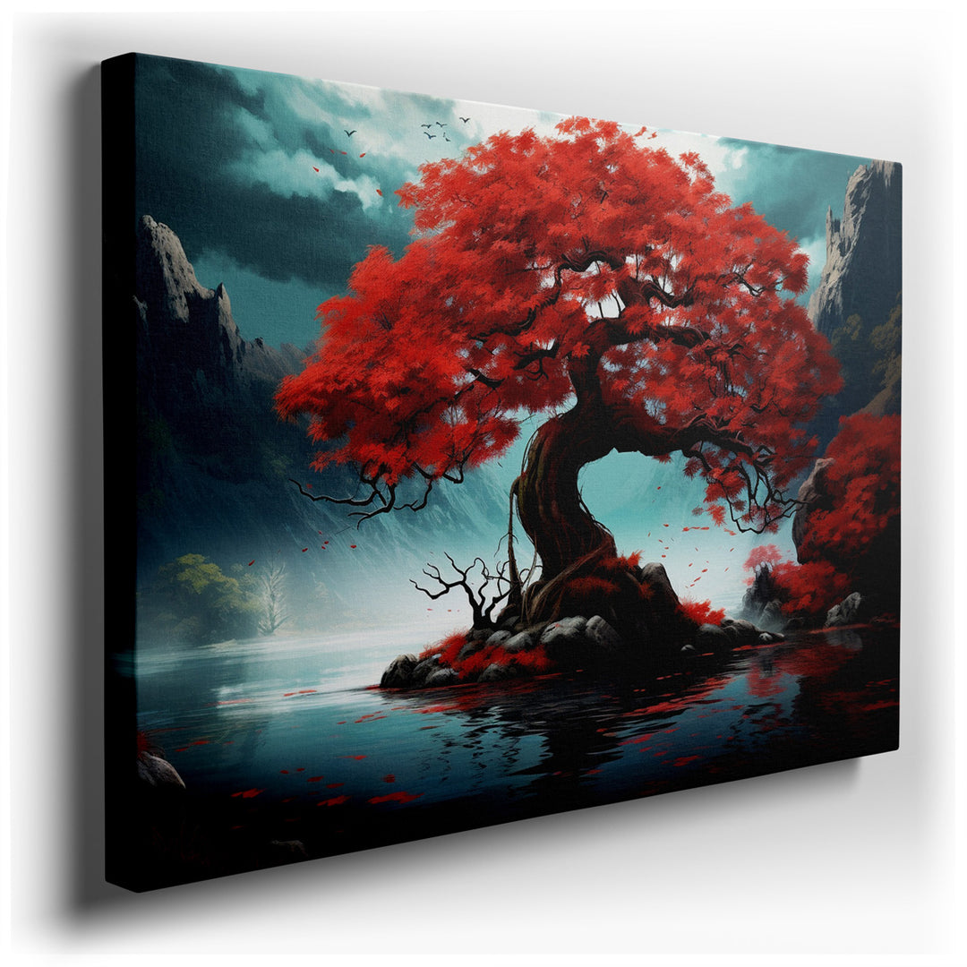 canvas print on wrapped canvas for wall decor – This enchanting wall art portrays a majestic red maple tree, its branches elegantly poised beside the tranquil waters of...
