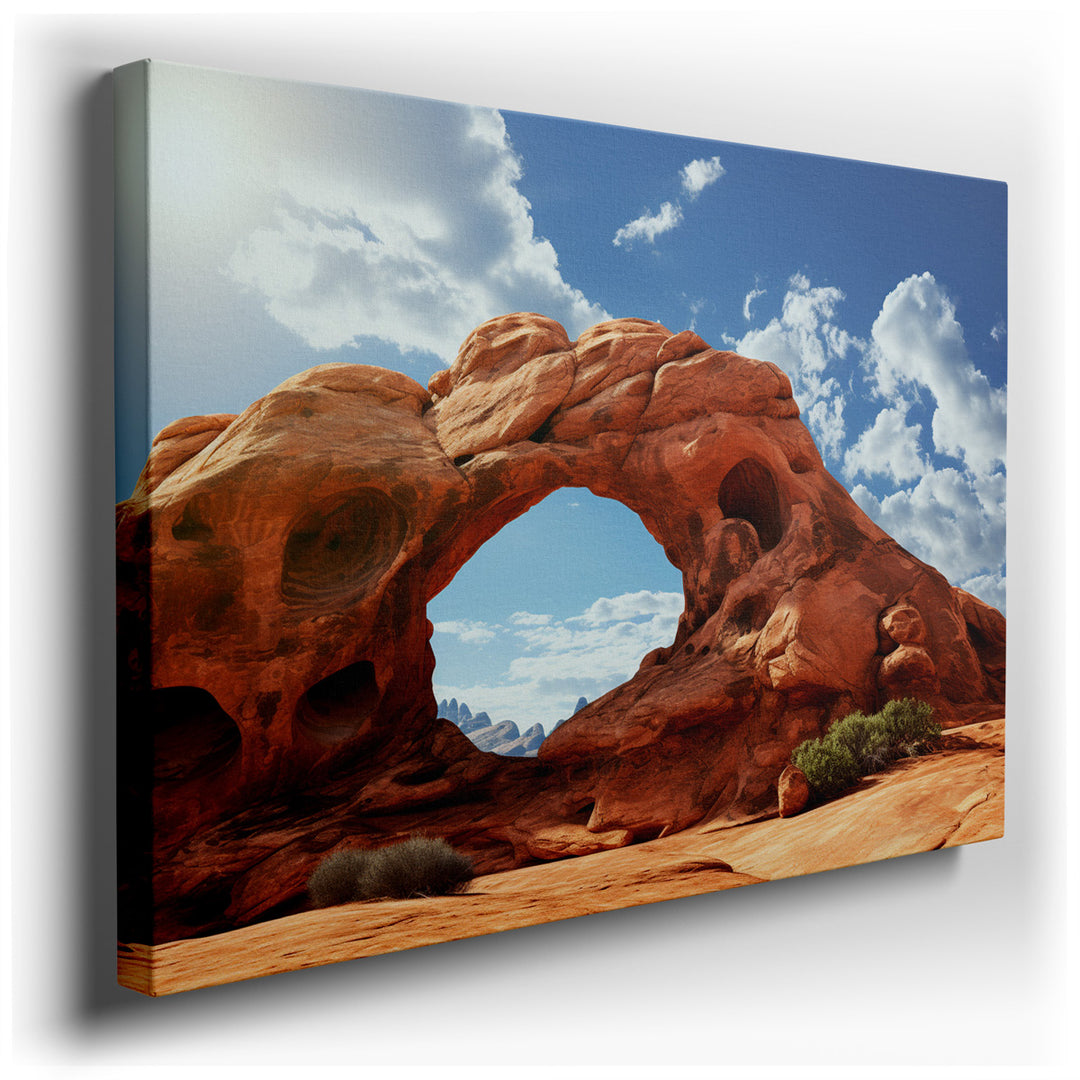 canvas print on wrapped canvas for wall decor – This wall art captures the breathtaking beauty of a natural red rock arch, a geological marvel that stands as a testamen...