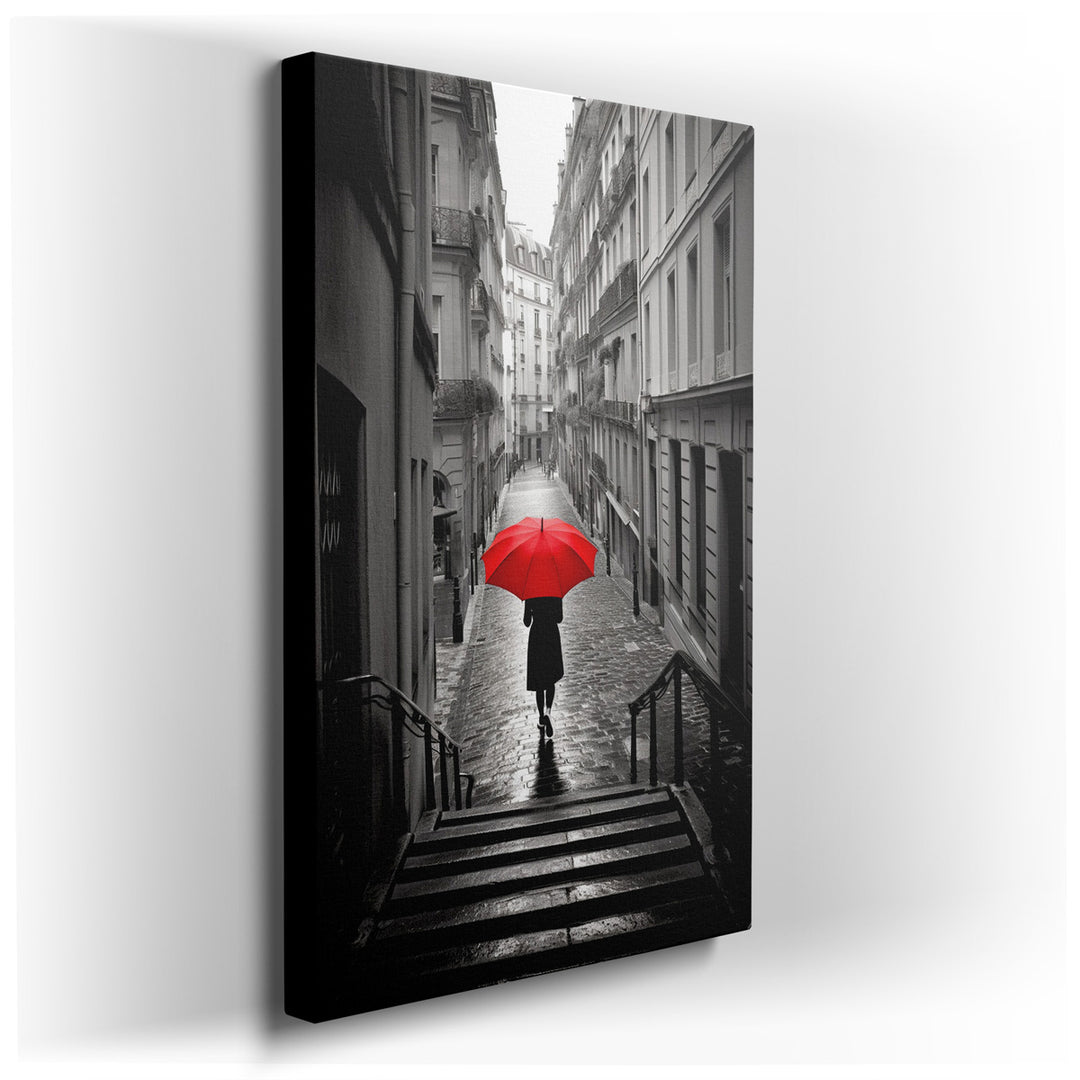 canvas print on wrapped canvas for wall decor – This evocative wall art captures a solitary figure, cloaked in a deep black coat, navigating a rain-drenched street in P...