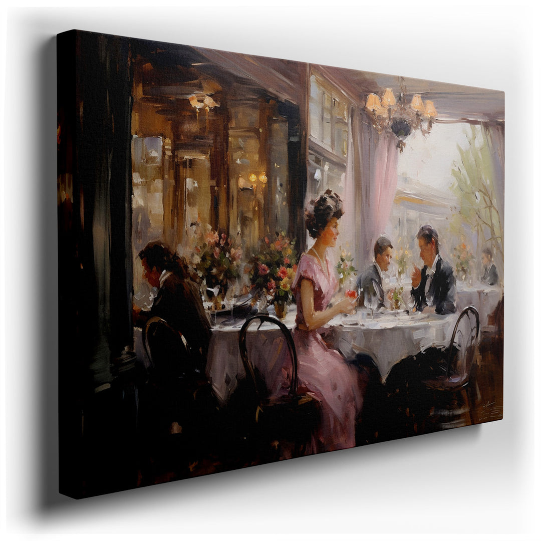 canvas print on wrapped canvas for wall decor – This wall art, a masterful depiction of an elegantly set restaurant scene, encapsulates the quintessence of fine dining...