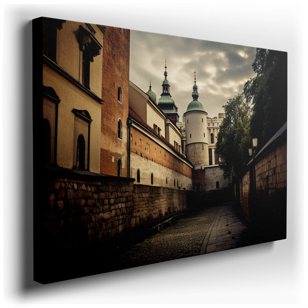 canvas print on wrapped canvas for wall decor – The wall art captures a picturesque cobblestone street that seems to transport its viewers to a different era, specifica...