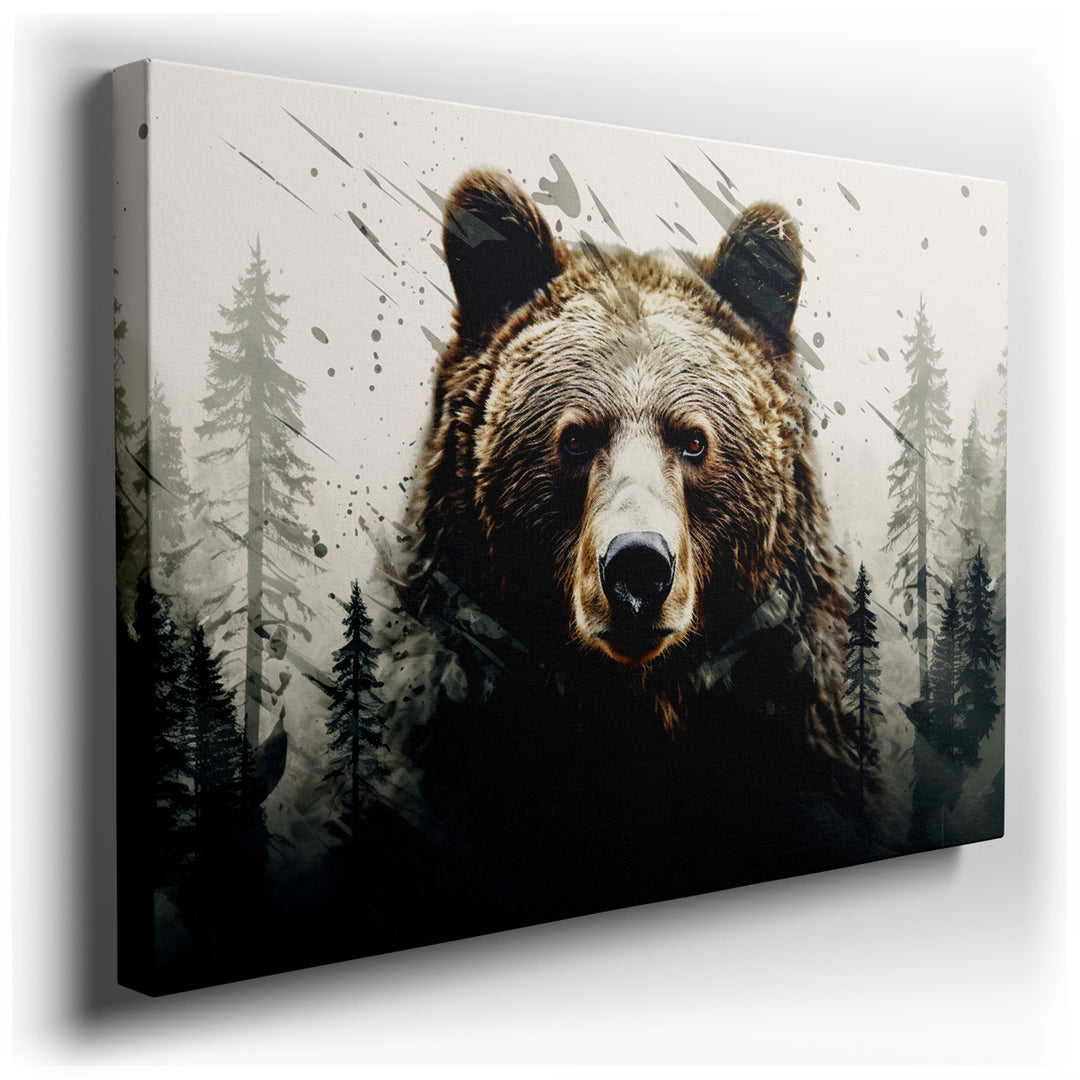 canvas print on wrapped canvas for wall decor – This captivating wall art portrays a bear with an intense gaze, masterfully set against a backdrop that merges abstract...