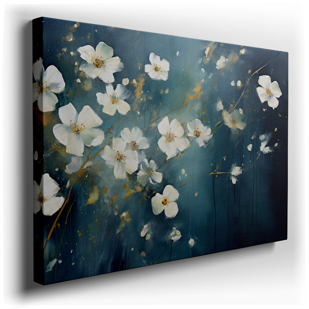 canvas print on wrapped canvas for wall decor – This wall art, a captivating composition of white flowers set against a backdrop of deep, dark tones, offers a striking...
