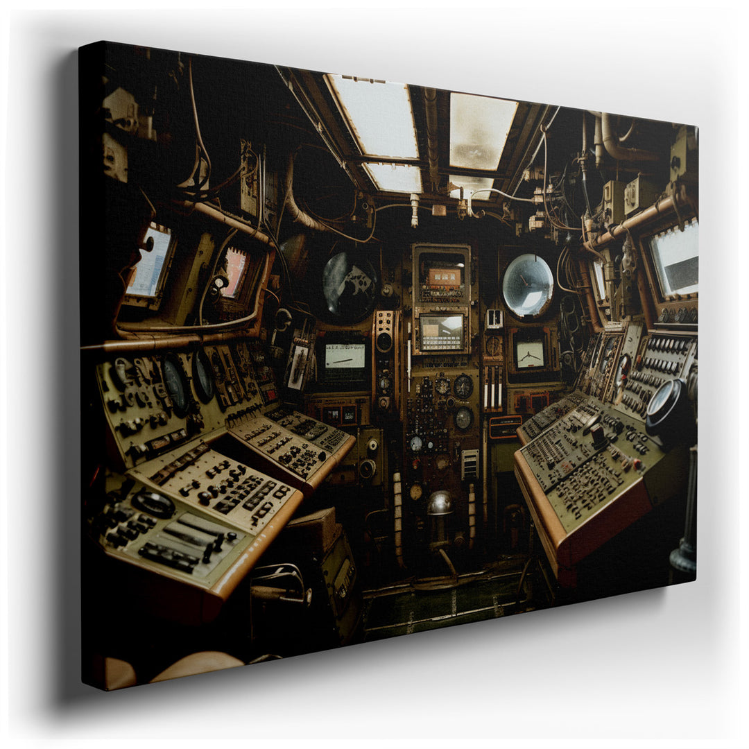 canvas print on wrapped canvas for wall decor – This wall art captures a retro electronic control room, meticulously detailed to showcase an array of machinery, panels,...