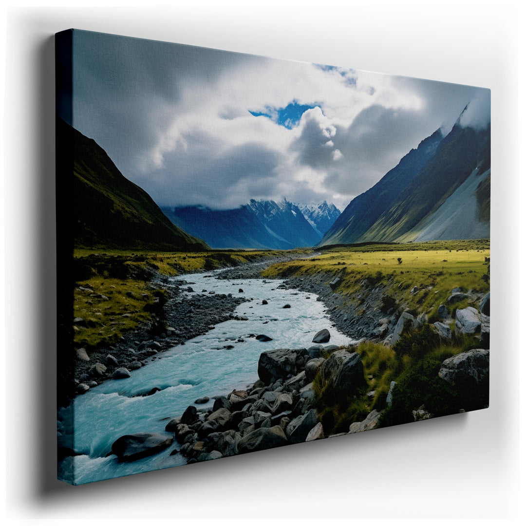 canvas print on wrapped canvas for wall decor – This enchanting wall art captures the essence of a pristine natural landscape, where a shimmering river gracefully meand...