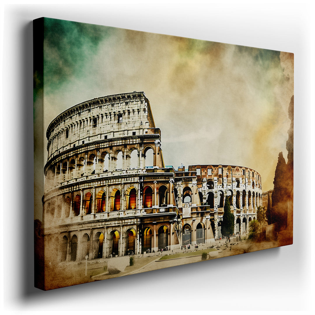 canvas print on wrapped canvas for wall decor – The wall art captures the iconic Roman Colosseum in a breathtaking display of artistic mastery and historical reverence....