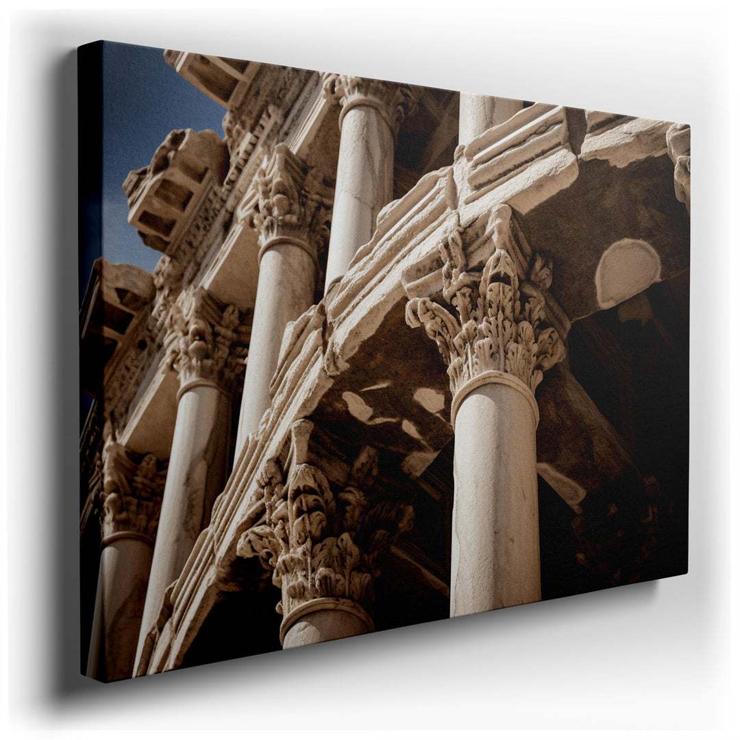 canvas print on wrapped canvas for wall decor – The wall art in question is a masterful depiction of ancient Roman architecture, focusing specifically on the intricate...
