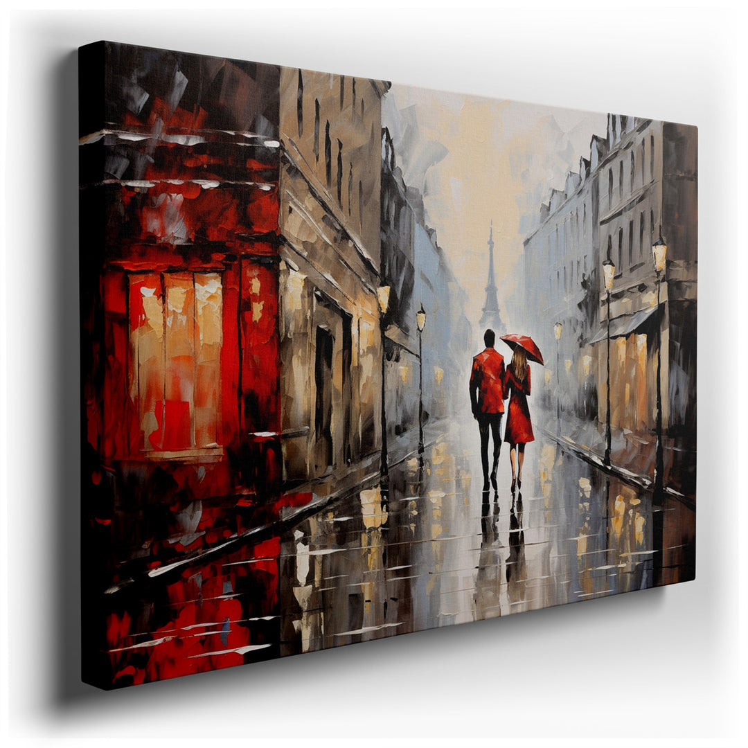canvas print on wrapped canvas for wall decor – This enchanting wall art captures a quintessentially romantic moment, set against the backdrop of a rain-soaked Parisian...