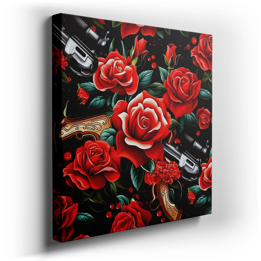 canvas print on wrapped canvas for wall decor – This wall art, a captivating blend of natural beauty and stark realism, presents an intricate floral pattern where roses...