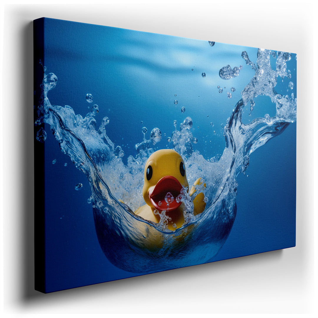 canvas print on wrapped canvas for wall decor – This enchanting wall art captures the whimsical moment of a playful rubber duck making a splash as it dives into crystal...