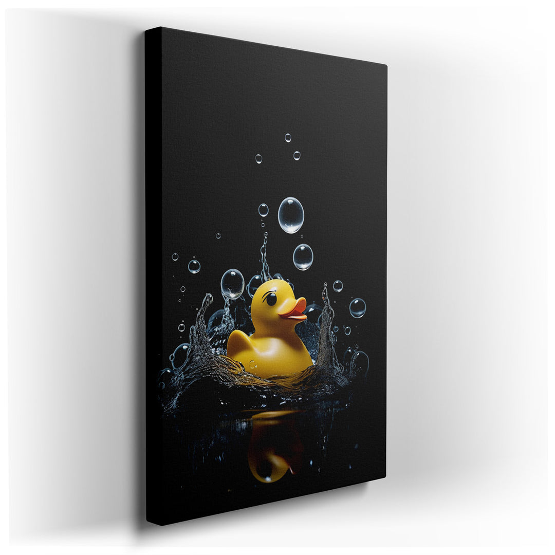 canvas print on wrapped canvas for wall decor – The wall art captures the essence of whimsy and nostalgia, featuring a classic rubber duck, an emblem of childhood joy a...
