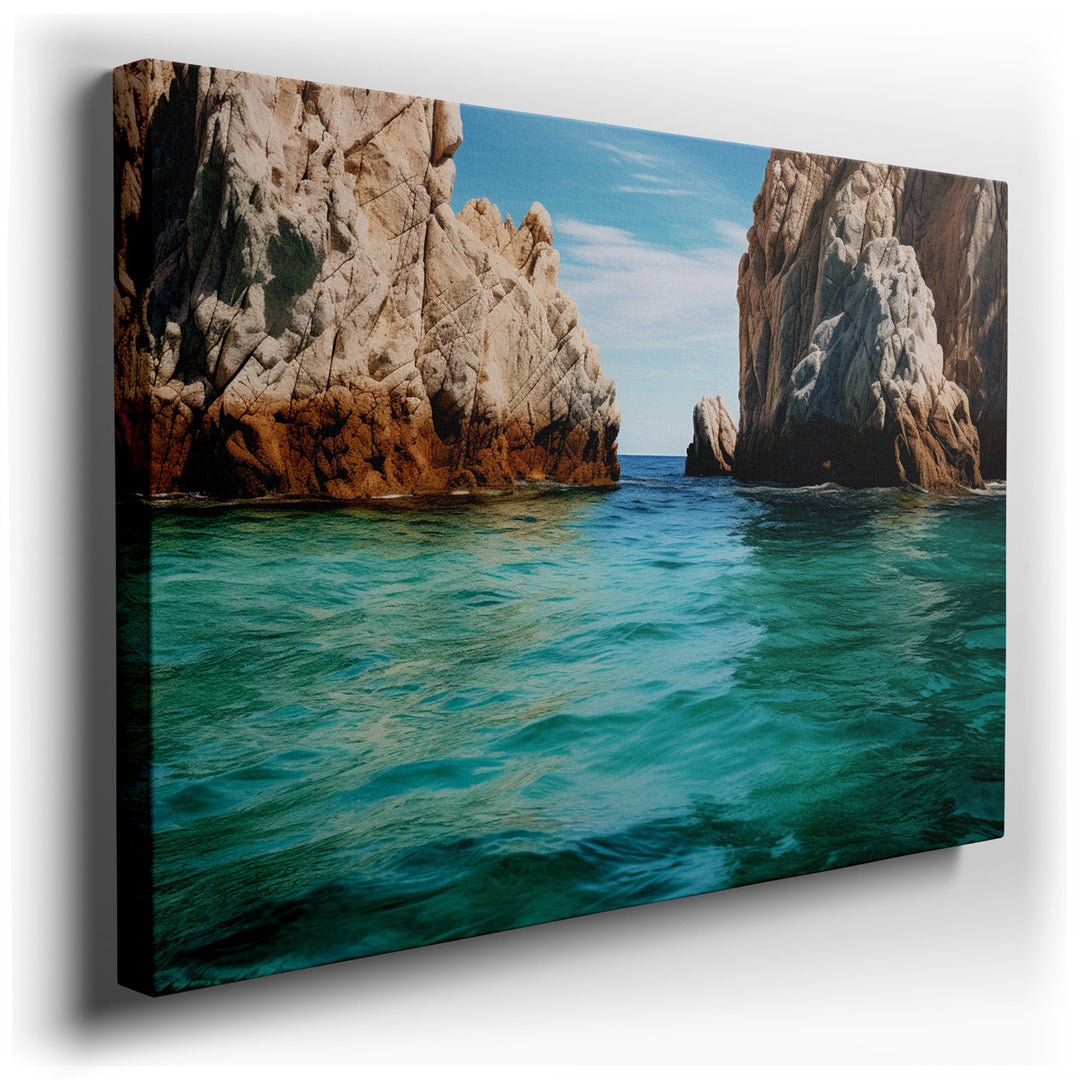 canvas print on wrapped canvas for wall decor – This wall art captures a breathtaking landscape where the rugged beauty of rocky cliffs meets the tranquil expanse of a...