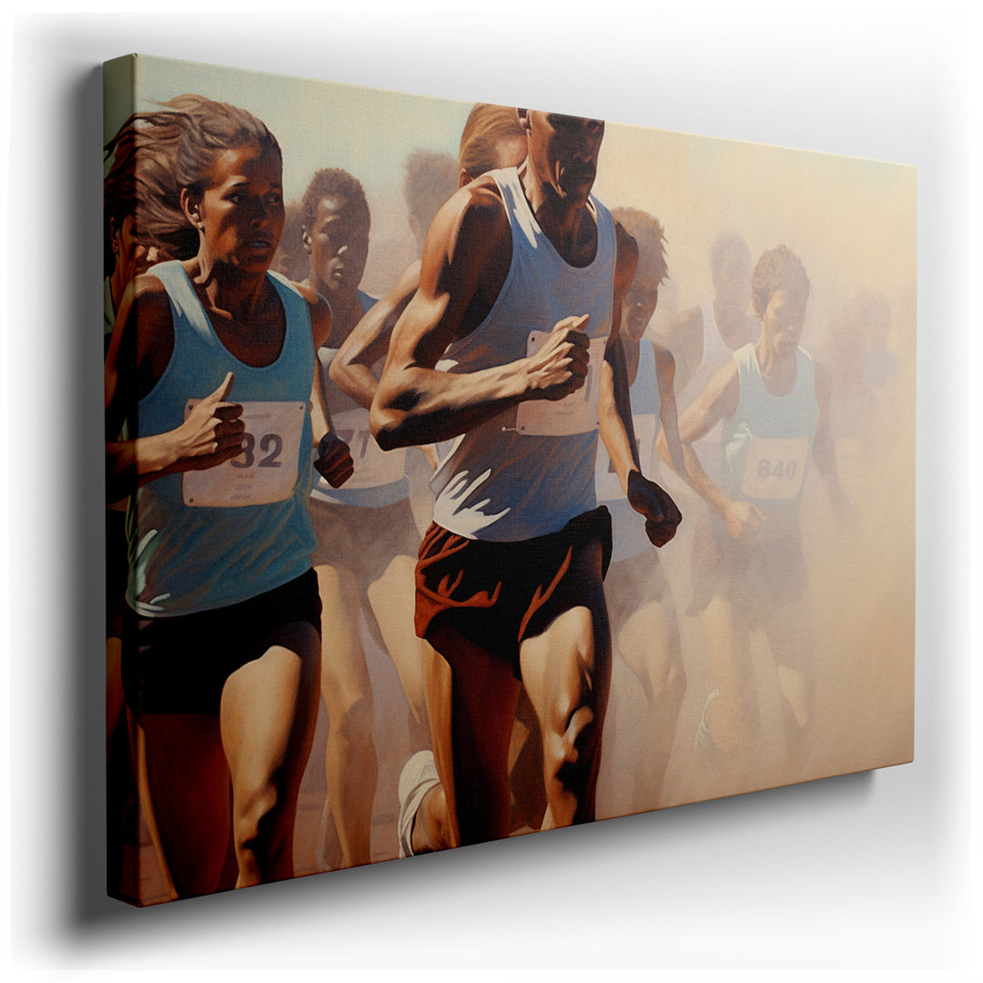 canvas print on wrapped canvas for wall decor – This captivating wall art vividly portrays a group of runners mid-race, each participant engulfed in a moment of intense...