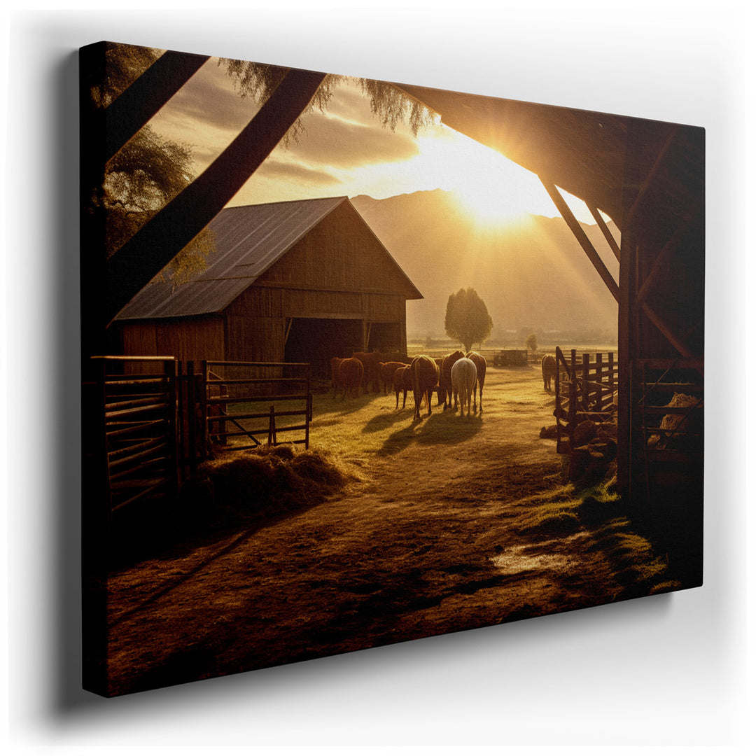 canvas print on wrapped canvas for wall decor – This enchanting wall art, depicting an idyllic farm scene, is a masterpiece that captures the essence of pastoral tranqu...