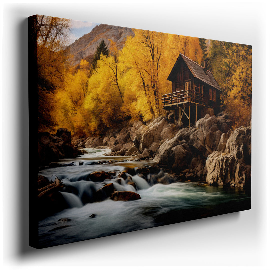 canvas print on wrapped canvas for wall decor – This captivating wall art invites viewers into a serene autumnal scene, where a quaint wooden cabin nestles harmoniously...