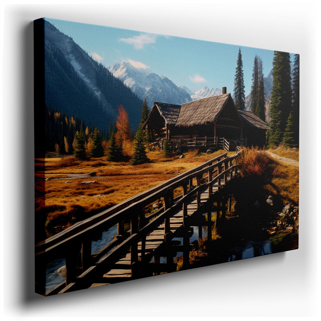 canvas print on wrapped canvas for wall decor – The wall art captures a breathtaking alpine landscape, where the tranquility of nature meets the quaint charm of human h...