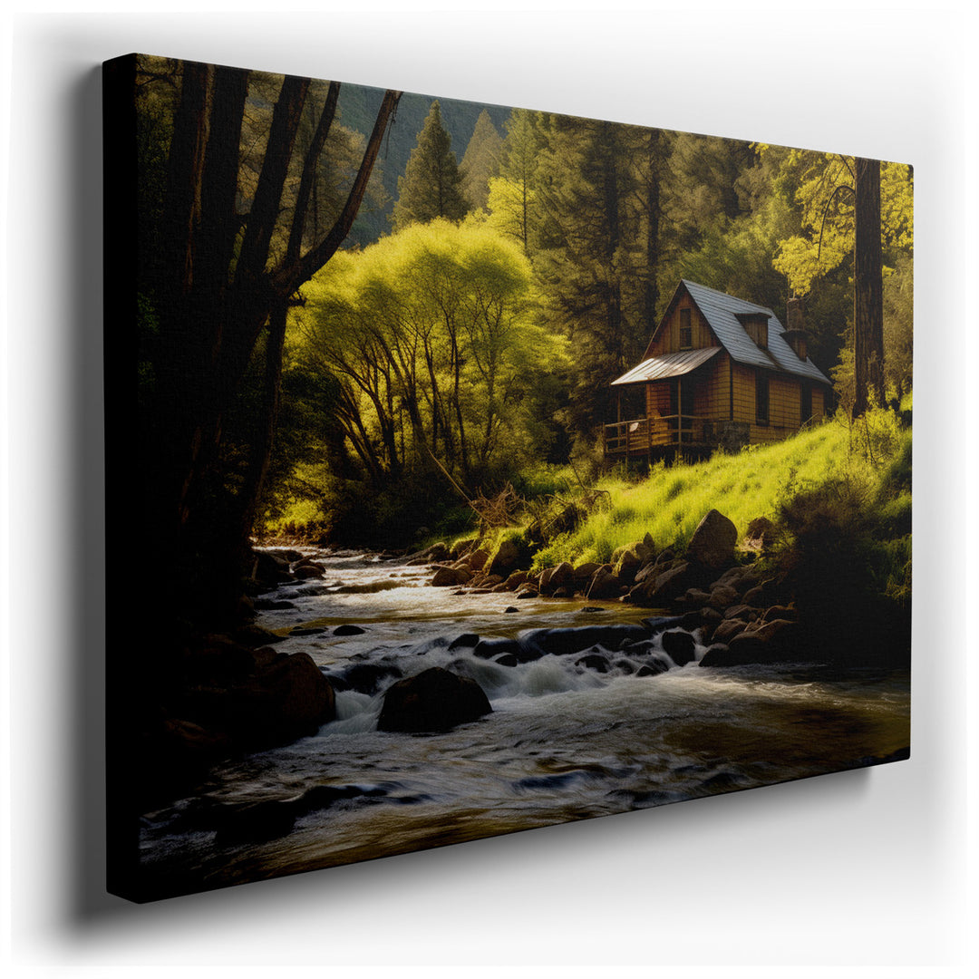 canvas print on wrapped canvas for wall decor – This enchanting wall art captures the quintessence of a serene escape into nature, featuring a quaint wooden cabin nestl...