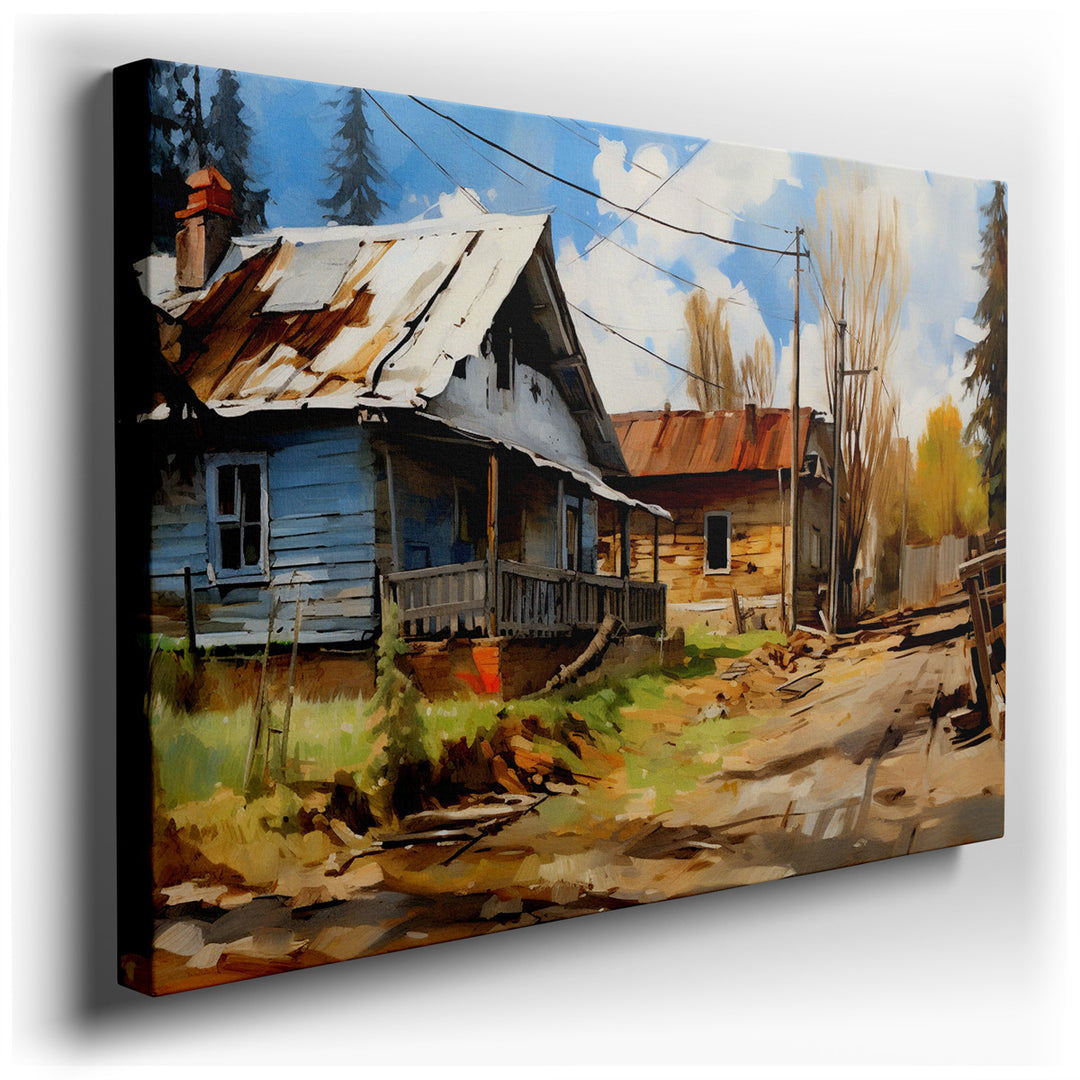 canvas print on wrapped canvas for wall decor – This wall art, a masterful depiction of rustic charm and pastoral peace, portrays a quaint cabin nestled amidst lush, vi...