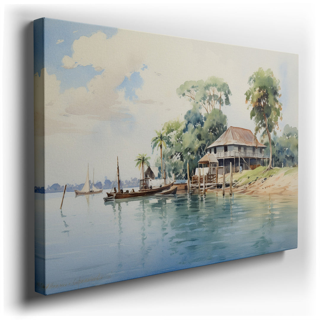 canvas print on wrapped canvas for wall decor – This exquisite watercolor wall art offers a serene depiction of a lakeside scene that is both calming and evocative. The...