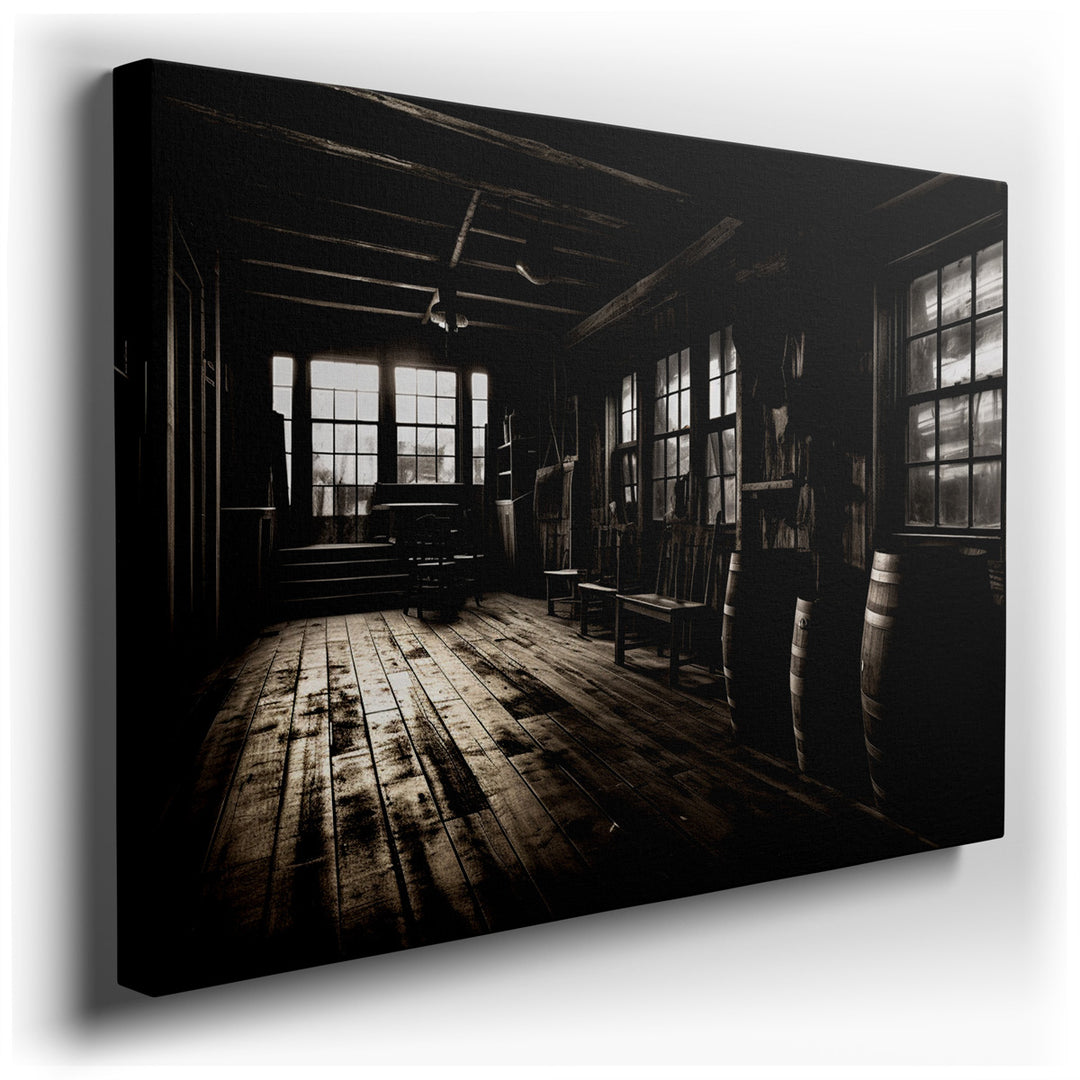canvas print on wrapped canvas for wall decor – This captivating wall art, rendered in a striking black and white palette, masterfully portrays a moody interior scene t...