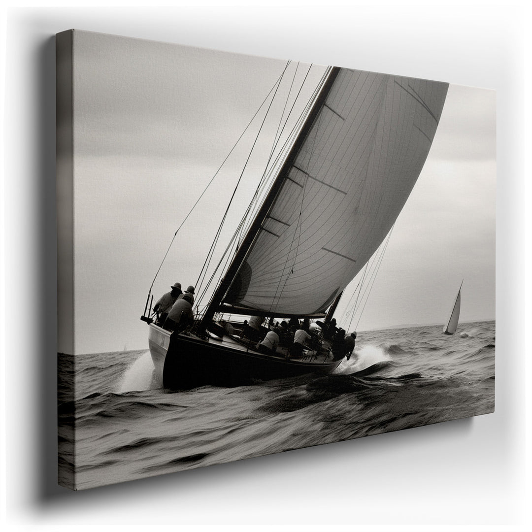 canvas print on wrapped canvas for wall decor – This evocative black and white wall art masterfully portrays a sailboat as it battles against formidable, churning water...