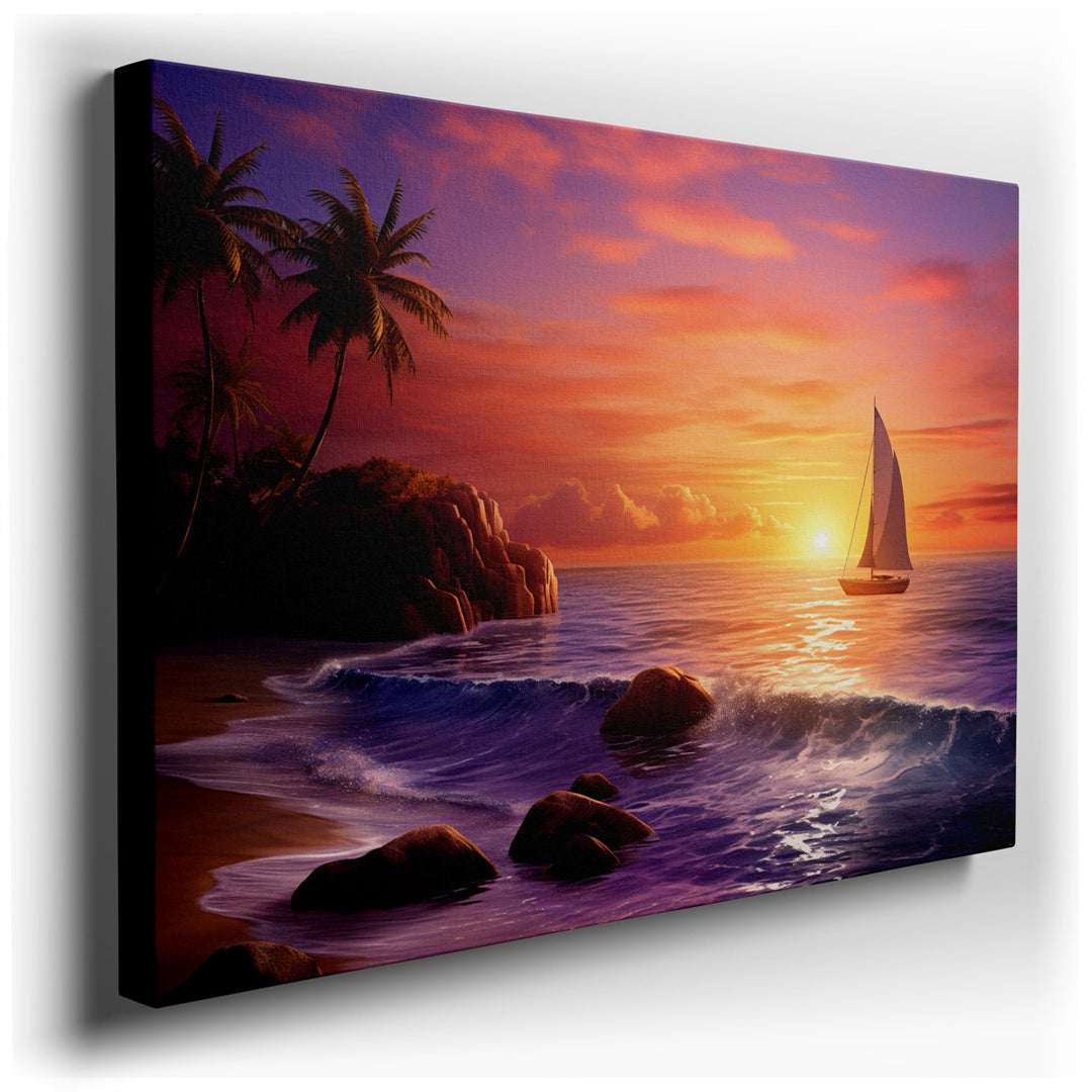 canvas print on wrapped canvas for wall decor – This wall art, a captivating depiction of a sailboat journeying across the tranquil ocean waves at sunset, is a masterpi...