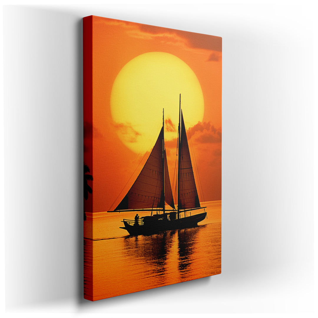 canvas print on wrapped canvas for wall decor – Imagine a wall art that captures the serene beauty of a sailboat journeying through calm waters, set against the backdro...