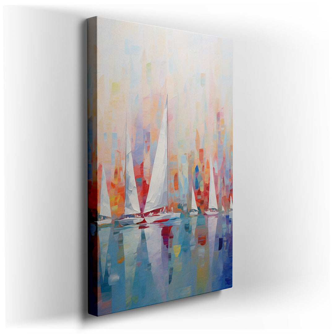 canvas print on wrapped canvas for wall decor – This vibrant abstract wall art captures the essence of sailboats gliding effortlessly across a serene body of water, the...