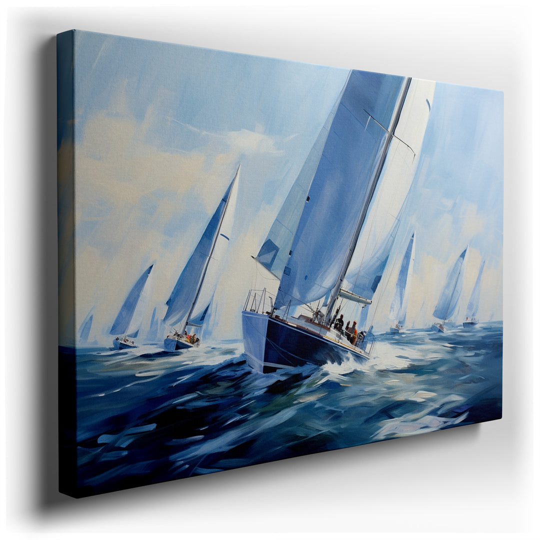 canvas print on wrapped canvas for wall decor – This wall art is a dynamic and vivid portrayal of sailboats racing across a shimmering blue sea, encapsulating the essen...