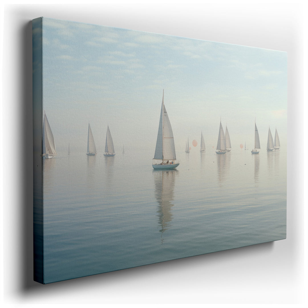 canvas print on wrapped canvas for wall decor – Imagine a wall art that captures the essence of tranquility and peace, where the gentle drift of sailboats on a misty la...