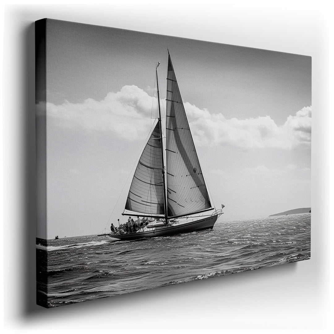 canvas print on wrapped canvas for wall decor – This exquisite wall art, rendered in a striking monochrome palette, masterfully depicts a sailing boat as it glides effo...
