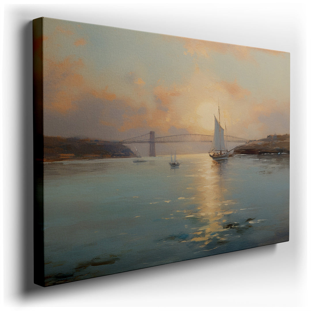 canvas print on wrapped canvas for wall decor – This exquisite wall art, depicting sailing ships gracefully navigating the tranquil waters at sunset, is a masterpiece t...