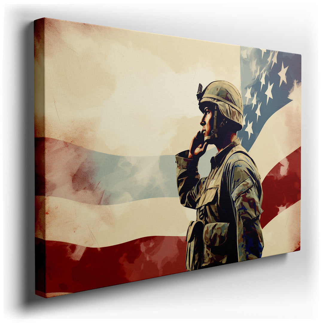 canvas print on wrapped canvas for wall decor – This evocative wall art captures a poignant moment of patriotism and solemn duty, portrayed through the dignified image...