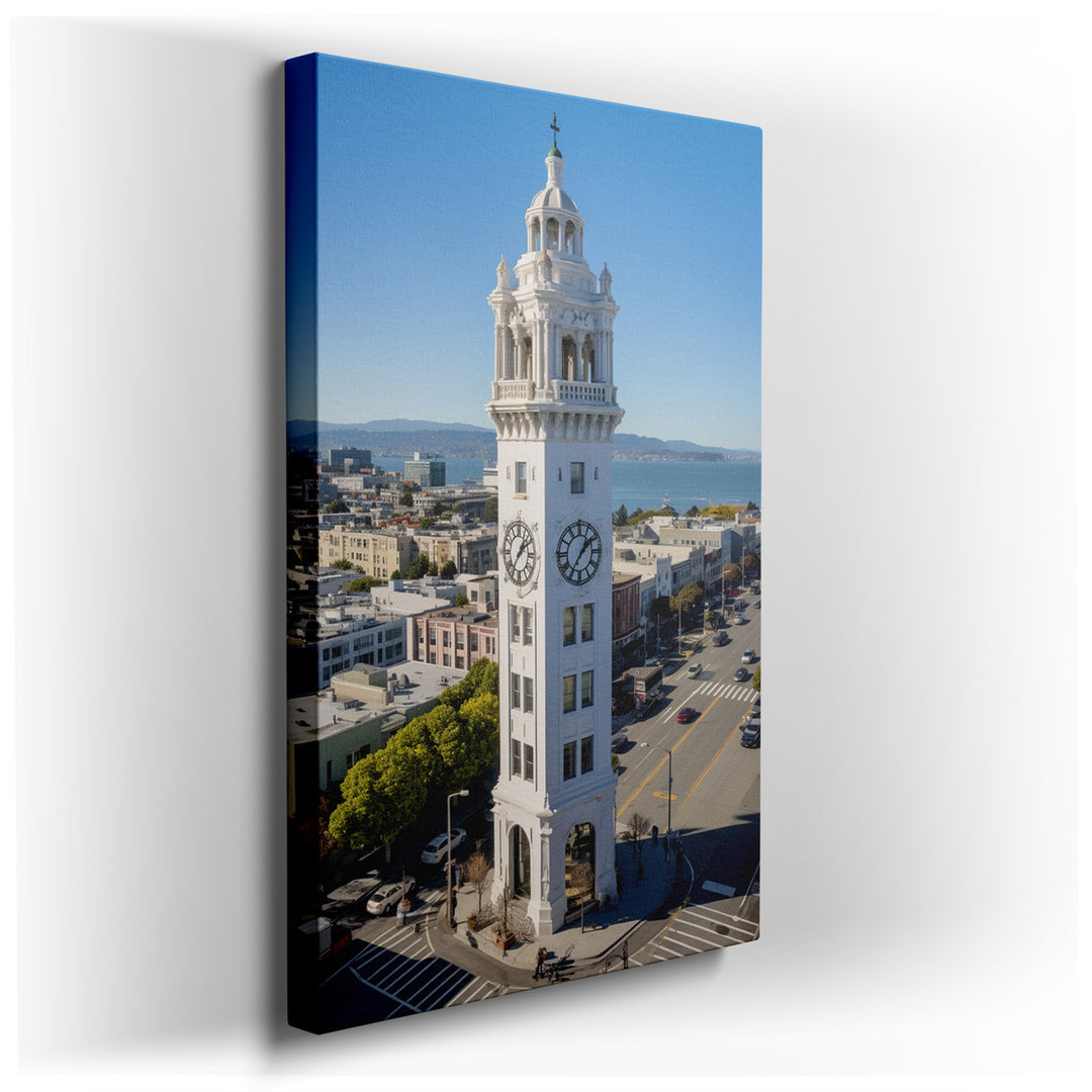 canvas print on wrapped canvas for wall decor – This wall art captures the iconic clock tower in San Francisco, a structure that stands as a testament to the city's ric...