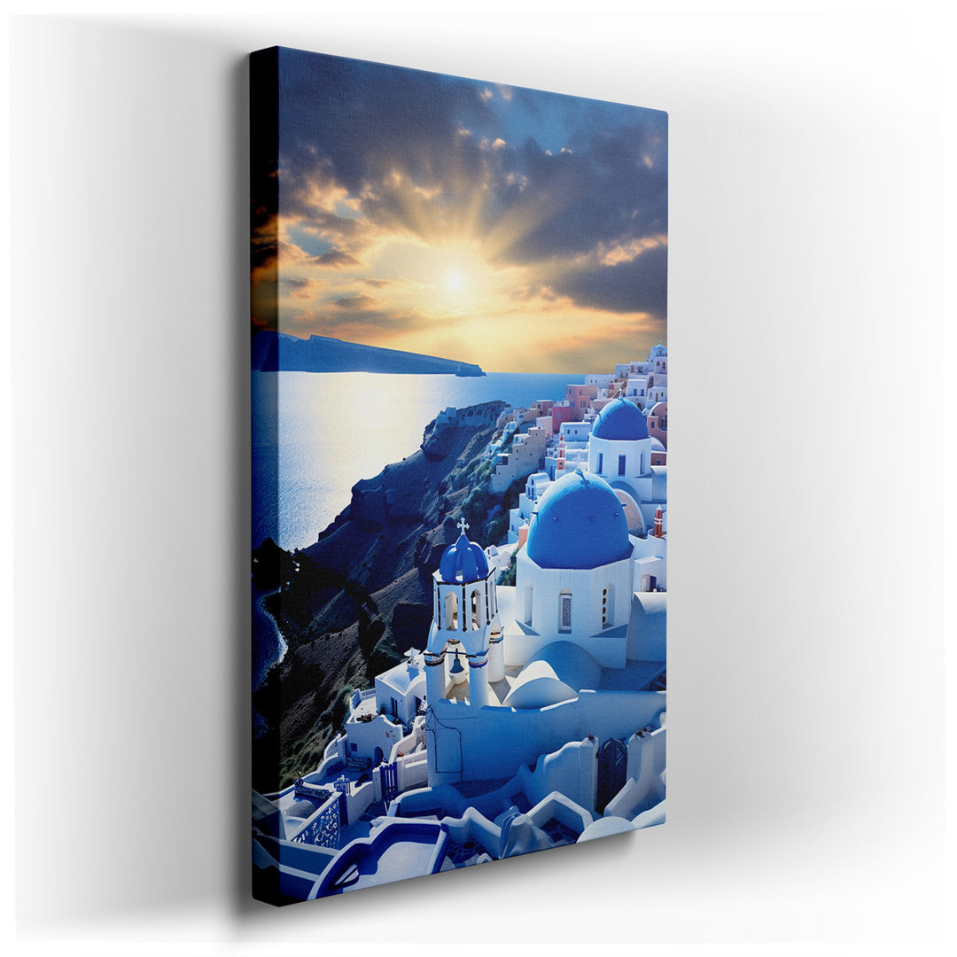 canvas print on wrapped canvas for wall decor – The wall art captures the quintessential charm of Santorini, a gem in the Aegean Sea, known for its dramatic views and s...