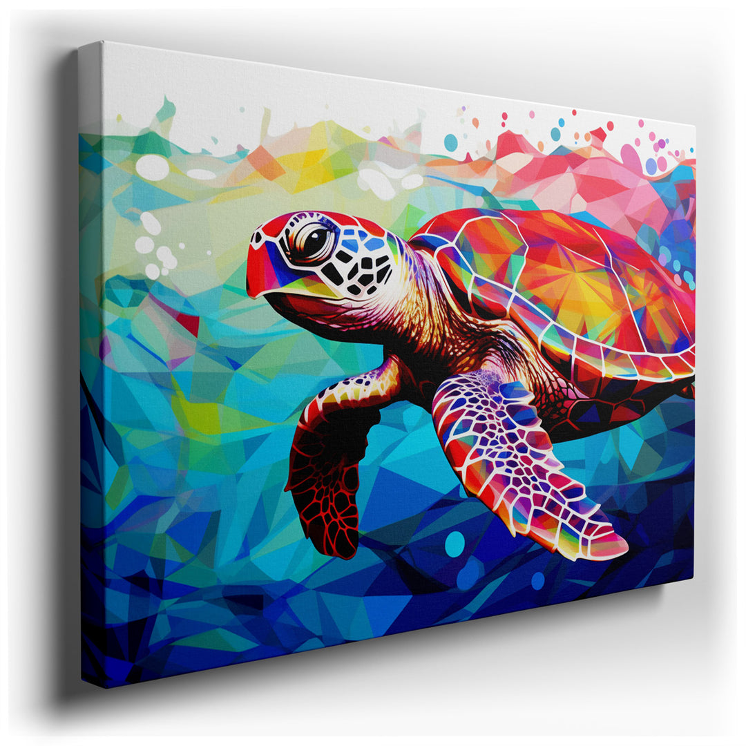 canvas print on wrapped canvas for wall decor – This wall art is a captivating abstract representation of a sea turtle navigating through a kaleidoscopic ocean, a piece...