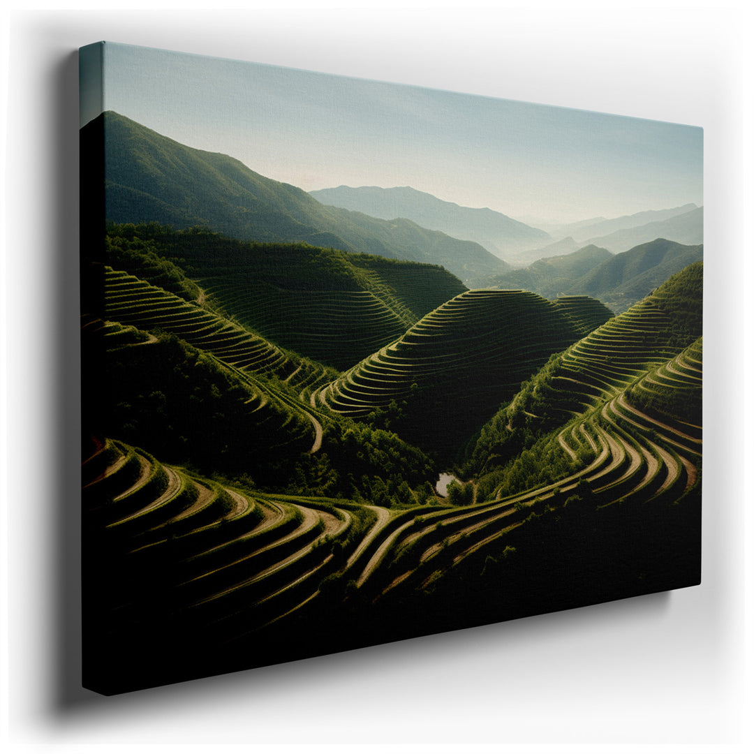 canvas print on wrapped canvas for wall decor – The wall art in question is a mesmerizing depiction of rice terraces carved into the mountainside, a testament to the sy...